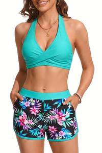 lot 20126 image: Bikini with Shorts for Women - Halter Two Piece Swimsuits High Waisted Bathing Suits with Pocket 2026 Boyshorts Swimwear Aqua and Floral L