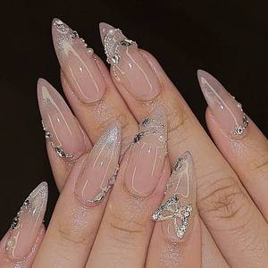 lot 20491 image: QQPPOLIU Medium Almond Press on False Nails with Flower Design Glue on Nails Pink Fake Nails for Women Gift 24Pcs