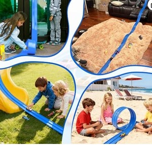 lot 1895 image: Flexible Race Car Track for Kids Toy, 19Ft Portable TwoLane Racing Starter Set, Wall Mount Suction Cups Magnets Hooks, Compatible for Vehicles up to 164th Scale-Blue