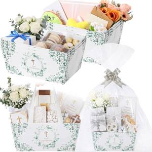 lot 1944 image: 12 Pcs First Communion Basket for Gifts Empty with Cellophane Bag & Ribbon Bow Easter Eucalyptus Raffle Gift Wrapping Basket for First Communion Easter Birthday Party Favor Supplies 9.8 x 6.5