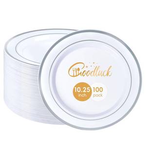 lot 1968 image: Goodluck 100PCS Silver Plastic Plates, 10.25 Inch Dinner Plate with Silver Rim, Heavy Duty Disposable Plastic Plates for Party, Wedding, Birthday & Daily Use