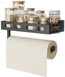 lot 1971 image: Paper Towel Holder Wall Mount for Kitchen, One-Handed Tear, Bathroom Paper Towel Holder with Shelf, RV Paper Towel Rack Wall Mount Paper Roll Holder with 4 Hooks, Matte Black