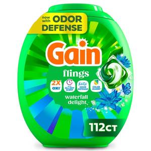 lot 1978 image: Gain Flings Liquid Washing Detergent Pacs, Now with Odor Defense  Color Guard, Waterfall Delight Scent, 4-In-1 Liquid Laundry Detergent Pods, Clean & Fresh, 112 Count (Packaging May Vary)