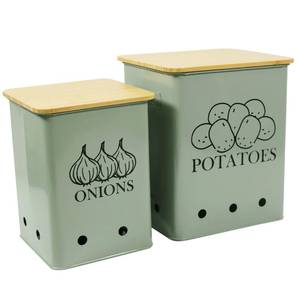 lot 1980 image: Kitchen Vegetable Storage Tins Set of 2, Onion and Potato Storage Bins with Wooden Lid and Aerating Holes, Garlic Bin Caddy, Vintage Kitchen Decor, Green