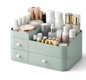 lot 1990 image: Decorcode Makeup Organizer with 3 Drawers, Large Vanity Storage for Skincare, Perfume, Lipstick and Brushes, Countertop Cosmetic Holder for Bathroom, Dresser or Bedroom, Green
