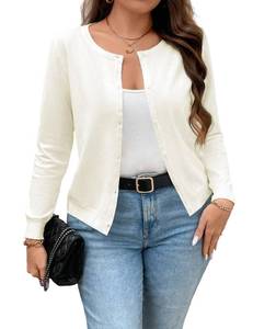 lot 2079 image: MapleHub Womens Long Sleeve Knit Cardigan Sweaters Classic Crew Neck Open Front Button Down Cardigans Beige XL