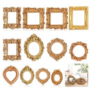 lot 2084 image: Dimioaoa 12 Pcs Vintage Mini Picture Frames Set, Oval Rectangle Heart Shapes European Small Resin Dollhouse Mirror Frame, Tiny Gold Antique Photo Frames for DIY Jewelry Display Wall Decor