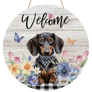 lot 2099 image: YINENA Spring Dachshund Dog Floral Door Sign Wood Door Hanger Outdoor Porch Decor Holiday Farmhouse Wooden Wreath Indoor Wall Hanging Decoration