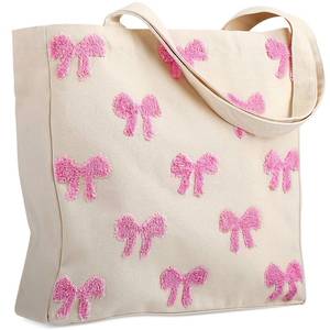 lot 4056 image: Shinylin Pink Bow Embroidery Tote Bag for Women Reusable Aesthetic Canvas Floral Shoulder Bag for Work Shopping Grocery Gift