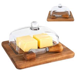lot 4114 image: Glass Butter Dish with Lid for Countertop, Airtight Cover for Fresh Butter, Acacia Wood Butter Tray, Clear Butter Keeper for Kitchen and Refrigerator