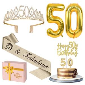 lot 4140 image: 50th Birthday Decorations for Women Gold with 50th Birthday Sash and Tiara, Cake Topper and Candles, Number Balloons, 50 Year Old Gifts for Women