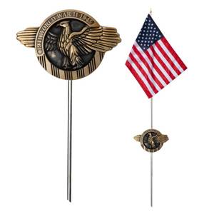 lot 5563 image: JRED WWII Grave Marker with 12x18 Inch American Flag Set, Aluminum Cemetery Plaque, 12x18 Inch US Flags on Stick with Retractable Stainless for All American Military Veterans