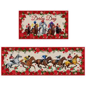 lot 5574 image: HemerVows Derby Day Decorations Kitchen Rugs Set, 2 Pcs Horse Racing Rose Floral Runner Rug and Floor Mat, Jockey Horse Decor for Kitchen Farmhouse Party Home (16�28 & 16�47)