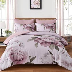 lot 5591 image: Dobuyly Pink Floral Comforter Set Queen 7 Piece Bed in a Bag, Blush Flowers Printed on Light Pink Comforter Set with Sheets, Soft Microfiber Botanical Bedding Set for All Season