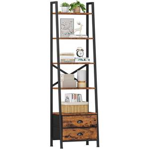 lot 5623 image: Furologee 4-Tier Ladder Shelf,Small Bookshelf with 2 Drawers,Vertical Bookcase Storage Rack Organizer,Rustic Bookshelves for Living Room,Bedroom,Bathroom,Home Office,Kitchen,Rustic Brown