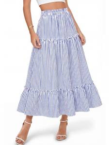 lot 6252 image: DERAX Womens Striped Midi Skirt Summer Elastic High Waist Ruffle Tiered Pleated A Line Flowy Casual Long Skirts with Pockets Blue Stripes XS