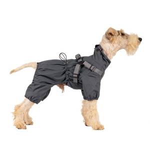 lot 6253 image: Mile High Life Waterproof Dog Raincoat, Full Coverage Small Dog Rain Coat with Harness, Adjustable 4 Legs Puppy Rain Jacket with Reflective Strip and Elastic Cuffs (Gray, S Back Length 13)