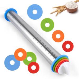 lot 6255 image: Adjustable Rolling Pin with 4 Thickness Rings for Baking, 17 Stainless Steel Dough Roller with Clear Measurement Markings for Pizza, Fondant, Pie, Cookies, Baking Supplies, Pastry, Pasta
