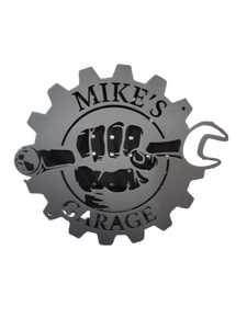 lot 6276 image: Mikes Garage Personalized Metal Wall Sign
