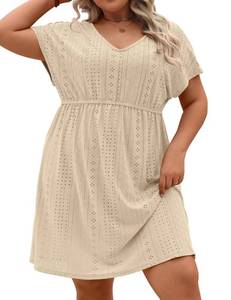 lot 6345 image: Halife Plus Size Bathing Suit Cover Up for Women 5XL Short Sleeve Pool Flowy Beach Coverup Dresses Beige