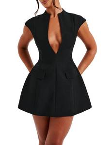 lot 6373 image: LuFeng Womens Summer Sexy Cap Sleeve Deep V Neck Zipper A-line Mini Dress Hollow Bodycon Night Out Party Dress size L