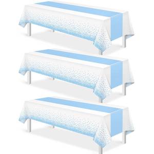 lot 6374 image: MASHAN 3Pcs White and Light Blue Tablecloth Party Decorations,Plastic White Table Cloth Printed Baby Blue Table Runner Disposable Rectangle Cover for Birthday Baby Shower Wedding Party,54 x108 Inch