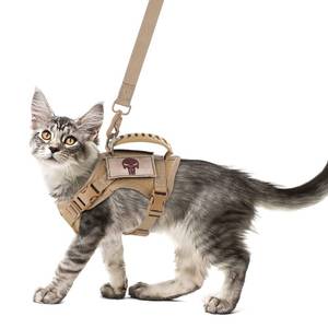 lot 6375 image: SALFSE Tactical Cat Harness and Leash Set for Walking Escape Proof, Adjustable Large Cat Vest Harness with Molle Patches, Soft Mesh Padding, Rubber Handle Easy to Control Khaki