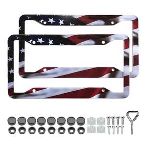 lot 6377 image: American Flag License Plate Frame Holder - 2 Pack Universal Aluminum Matte Stripe US Flag Gloss Patriotic Car Plate Frame Covers with Free Screws Fasteners Caps