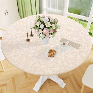 lot 6391 image: Smiry Round Picnic Tablecloth, Elastic Waterproof Fitted Heavy Duty Vinyl Tablecloths for 45-56 Tables, Wipeable Washable Table Cover for Kitchen, Dining, Camping, Outdoor, Beige