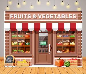 lot 6393 image: BELECO 7x5ft Fabric Fruits and Vegetables Store Backdrop Farm Fresh Organic Fruit Vegetable Supermarket Background Nutrition Healthy Food Farmers Market Party Decorations Banner Photo Studio Props