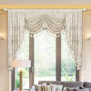 lot 7020 image: Loom and Mill Luxury Waterfall Valances for Windows, Elegant Jacquard Thick Swag Curtains Valance with Tassels for Living Room, Bedroom Party Banquet Decorations (Light Apricot, W59 Inch, 1 Panel)