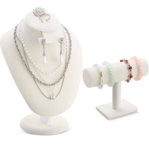 lot 9132 image: RattanView 2 Pcs Beige Velvet Jewelry Display Set Necklace Mannequin Bust Stand T Bar Bracelet Holder for Retail Home Decor