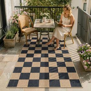 lot 9136 image: Lahome Colette Checkered Easy Jute Carpet, 3x5 Outdoor Patio Rug Washable Rugs for Entryway Checkerboard Indoor Outdoor Living Room Carpet, Farmhouse Neutral Non Slip Black Door Mat for Bedroom