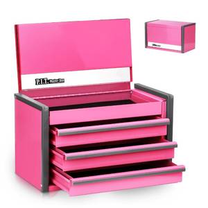 lot 9154 image: P.I.T. Mini Tool Box 8.6W X 4.6D, Portable 3 Drawer Steel Stackable Pink Tool Box with Magnetic Tab Locking, Pink Micro Top Chest with Liner for Tools Storage and Organizers, Home DIY