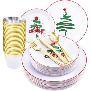 lot 9985 image: KIRE 25 Guest Christmas Plates - White & Green Tree Plastic Plates & Gold Disposable Utensils & Clear Gold Cups for Christmas Parties