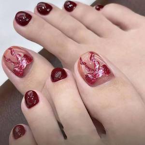 lot 10481 image: 2 pack 24 Pcs Bows Press on Toenails Short Square Fake Toe Nails Red Bow False Toenails with Glitter Designs Stick on Nails Full Cover Acrylic Toenails for Women Girl Nail Decoration