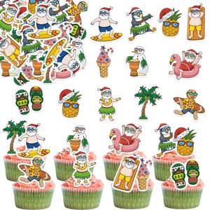 lot 10487 image: Fyeoxle 45PCS Edible Summer Christmas Cupcake Toppers Wafer Paper Cake Picks Santa Claus Snowman Hawaiian Cupcake Picks for Summer Theme Party Decor (Christmas in July)