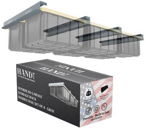 lot 11410 image: USA Based Overhead Garage Storage Rack, Connectable Heavy Duty Metal Ceiling Rails Garage Storage Organization Shelving System, Hanging Racks Tote Containers, Supports Up To 6 Bins, 4 Sets Gray