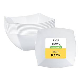 lot 11411 image: Restaurantware Moderna 8 Ounce Fancy Plastic Bowls 100 Square Disposable Salad Bowls - Durable Heavy-duty White Plastic Bowls For Warm And Cold Foods