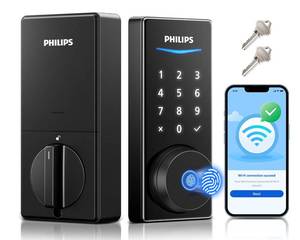 lot 11412 image: Philips Built-in WiFi Smart Lock, Keyless Entry Door Lock with App, Touchscreen, Fingerprint Door Lock �� Compatible with Alexa & Google, Splash-Proof Design, Includes 8 Batteries, Black