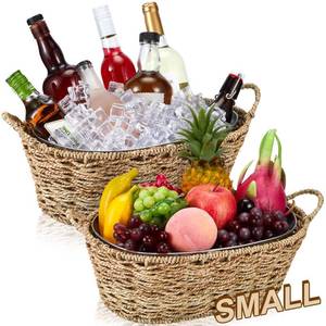 lot 11415 image: Domensi 2 Pcs Small 3 Gallons Ice Bucket with Wicker Outer Basket Handle Beverage Tub Grass Rope Woven Farmhouse Galvanized Bucket for Party Seaside Bar Buffet Wine Beer Bottle, 15.5 x 9.2 x 6.1 in