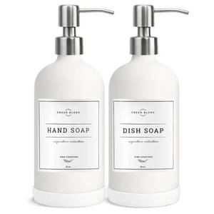 lot 11418 image: Vine Creations White Glass Soap Dispenser, 2 Pack Kitchen Soap Dispenser Set with Stainless Steel Pump, 16 oz Dish Soap and Hand Soap Dispensers for Bathroom with Waterproof Labels