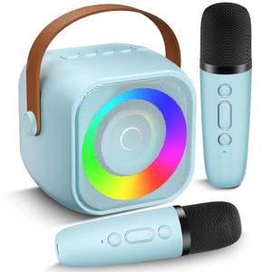 lot 11446 image: Mini Karaoke Machine, Portable Bluetooth Speaker with 2 Wireless Microphones for Kids & Adults, Karaoke Microphone with LED Lights, Gifts for Girls & Boys_Blue