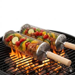 lot 11453 image: Rolling Grill Basket 2 PCS Stainless Steel Nesting BBQ Tools Grill Basket for Vegetables, Shrimp, Fish & Meat �� Rotating BBQ for Outdoor Cooking and Grilling Accessories
