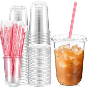 lot 11478 image: Ziliny 50 Sets Clear Plastic Cups with Heart Shaped Straws and Lids, Disposable Iced Coffee Cups Drinking Pet for Cold Drinks, Valentines Galentines Day Bridal Baby Showers Party (16 oz,Clear)