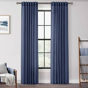 lot 11490 image: Navy Blue Curtains 105 inch Length for Bedroom Back Tab Light Filtering Semi Sheer Blue Living Room Curtains Linen Cotton Textured Indigo Blue Drapery Panel Modern Farmhouse Aesthetic Decor Dark Blue