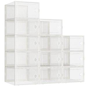 lot 12032 image: Kuject Large Shoe Organizers Storage Boxes for Closet, 12 Pack Clear Plastic Stackable Storage Bins with Lids, Under Bed Shoe Containers for Entryway, Fit up to Womens Size 10,Black,Off-white