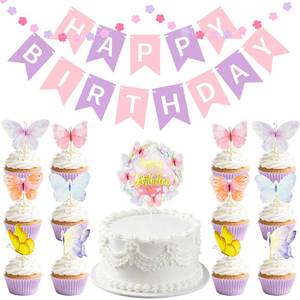 lot 12039 image: 15Pcs Butterfly Theme Birthday Decorations - Butterfly Cupcake Toppers with Happy Birthday Flower Banner for Women Girl Party Cake Decor Supplies
