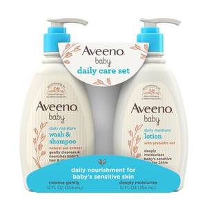 lot 12044 image: Aveeno Baby Daily Care Gift Set with Oat Extract & Prebiotic Oat, Contains Daily Moisturizing Body Lotion & Gentle 2-in-1 Baby Bath Wash & Shampoo, Hypoallergenic & Paraben-Free, Two Pack