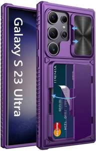 lot 12058 image: Vihibii for Samsung Galaxy S23 Ultra Case with Card Holder & Sliding Camera Cover & Kickstand, Shockproof Rugged Hard Back & TPU Edge Wallet Case for Galaxy S23 Ultra 5G 6.8 2023, Dark Purple